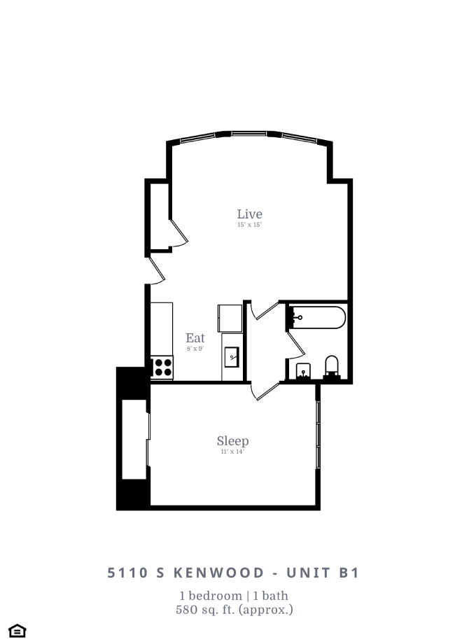 Floor plan for 1 bed, 1 bath, 580 sqft